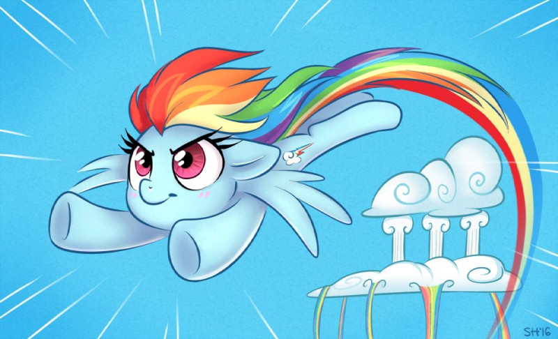 cloudsdale feathered_wings feathers female feral flying hair multicolored_hair purple_eyes rainbow rainbow_hair solo sonic_rainboom wings young sorc friendship_is_magic hasbro my_little_pony mythology rainbow_dash_(mlp) equid equine mammal mythological_creature mythological_equine pegasus 2016