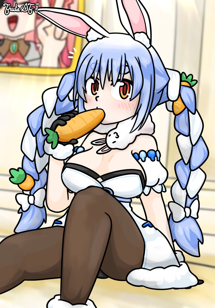 big_breasts blue_hair blush blush_lines braided_pigtails breasts carrot carrot_in_mouth circle_eyebrows cleavage clothed clothing discovered eyebrows female food hair looking_at_viewer orange_eyes pigtails plant portrait_(object) rabbit_ears sitting sitting_on_ground solo sucking suggestive vegetable friita hololive vtuber houshou_marine usada_pekora animal_humanoid humanoid lagomorph lagomorph_humanoid leporid_humanoid mammal mammal_humanoid rabbit_humanoid 2023 hi_res