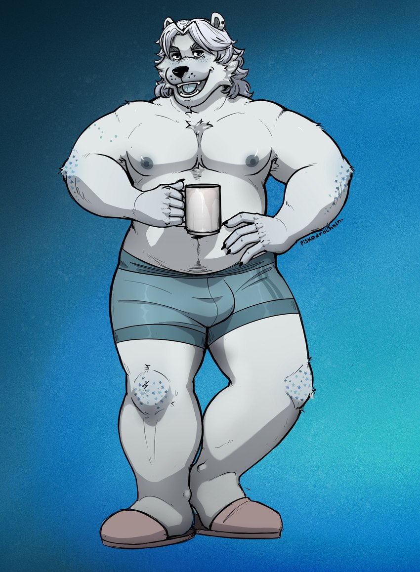 anthro beverage body_hair coffee coffee_mug freckled_face freckles fur looking_at_viewer male muscular muscular_male nipples smile solo star tattoo white_body white_fur piskodrochkin bear mammal polar_bear ursine absurd_res hi_res