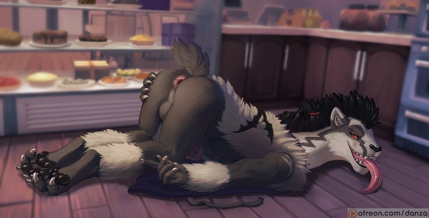 anthro anus ass_up bakery balls black_pawpads fur genitals grey_body grey_fur long_tongue male pawpads penis presenting red_eyes solo tongue tongue_out conditional_dnp danza nintendo patreon pokemon rel_(relightcharge) generation_8_pokemon obstagoon pokemon_(species) 2023 shaded