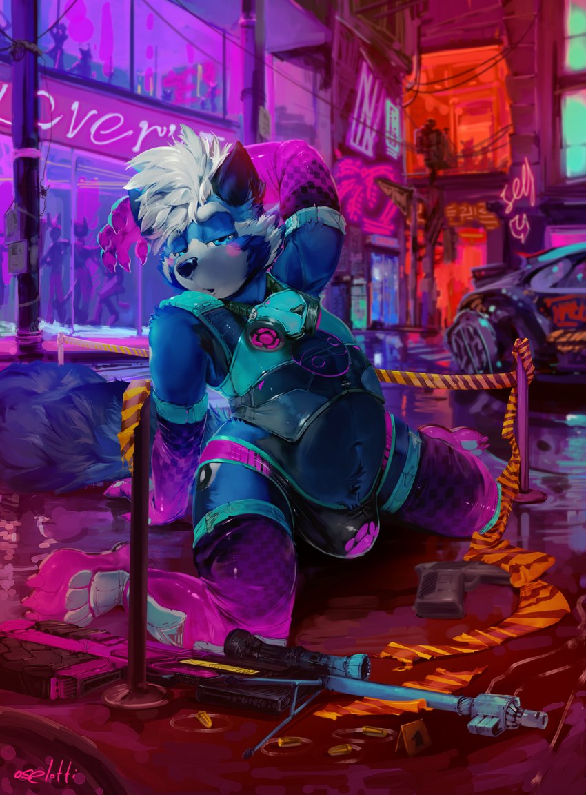 ambiguous_gender anthro barricade_tape bedroom_eyes belly big_belly black_nose blue_body blue_eyes blue_fur blue_tail blush bulge car caution_tape cheek_tuft city city_background cyberpunk detailed_background eyebrows facial_tuft fur futuristic futuristic_city futuristic_clothing glistening glistening_nose group gun hair hand_behind_head kneeling leaning leaning_backward looking_at_viewer male narrowed_eyes navel neon neon_sign open_mouth overweight overweight_anthro overweight_male ranged_weapon rifle seductive sign sniper_rifle solo_focus tail tuft vehicle weapon white_body white_eyebrows white_fur white_hair oselotti background_character ailurid mammal red_panda hi_res