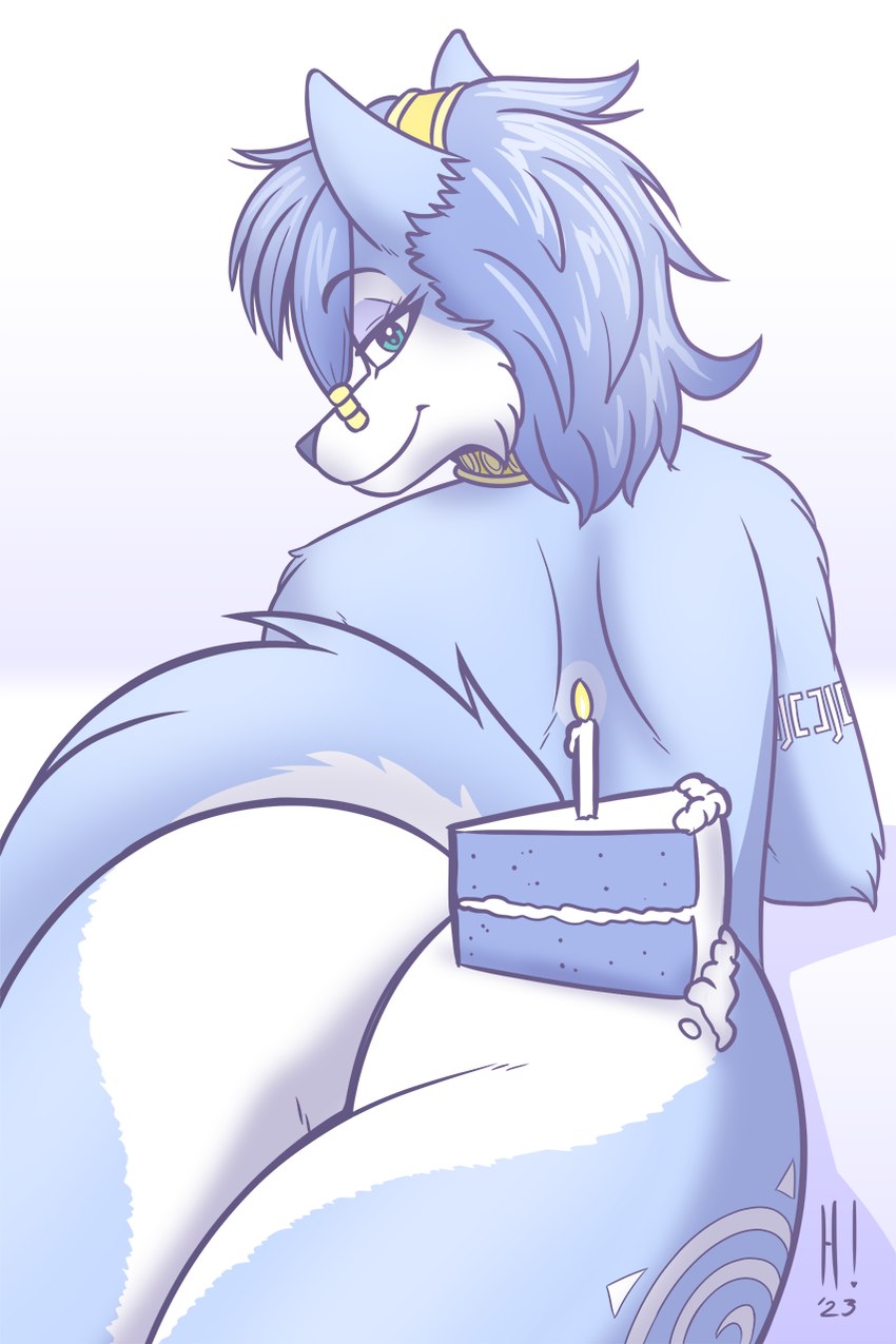 anthro black_nose blue_body blue_fur blue_hair butt cake cake_slice dessert female food fur hair humor looking_at_viewer looking_back looking_back_at_viewer nude nude_anthro nude_female pun smile solo tail visual_pun white_body white_fur heresy_(artist) nintendo star_fox krystal_(star_fox) canid canine fox mammal 2023 digital_media_(artwork) hi_res signature