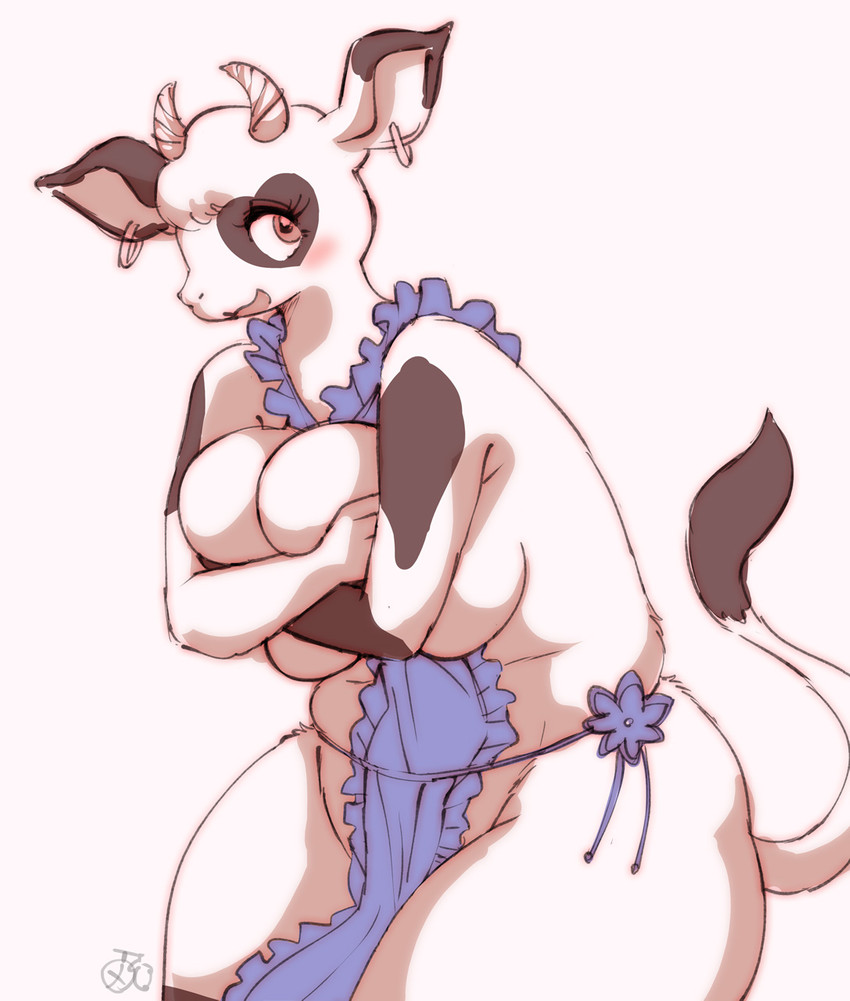 anthro apron apron_only big_breasts breast_squish breasts clothing covering covering_breasts ear_piercing ear_ring eyelashes female fur horn markings mostly_nude piercing ring_piercing solo spots spotted_body spotted_fur squish melonleaf bovid bovine cattle holstein_friesian_cattle mammal hi_res