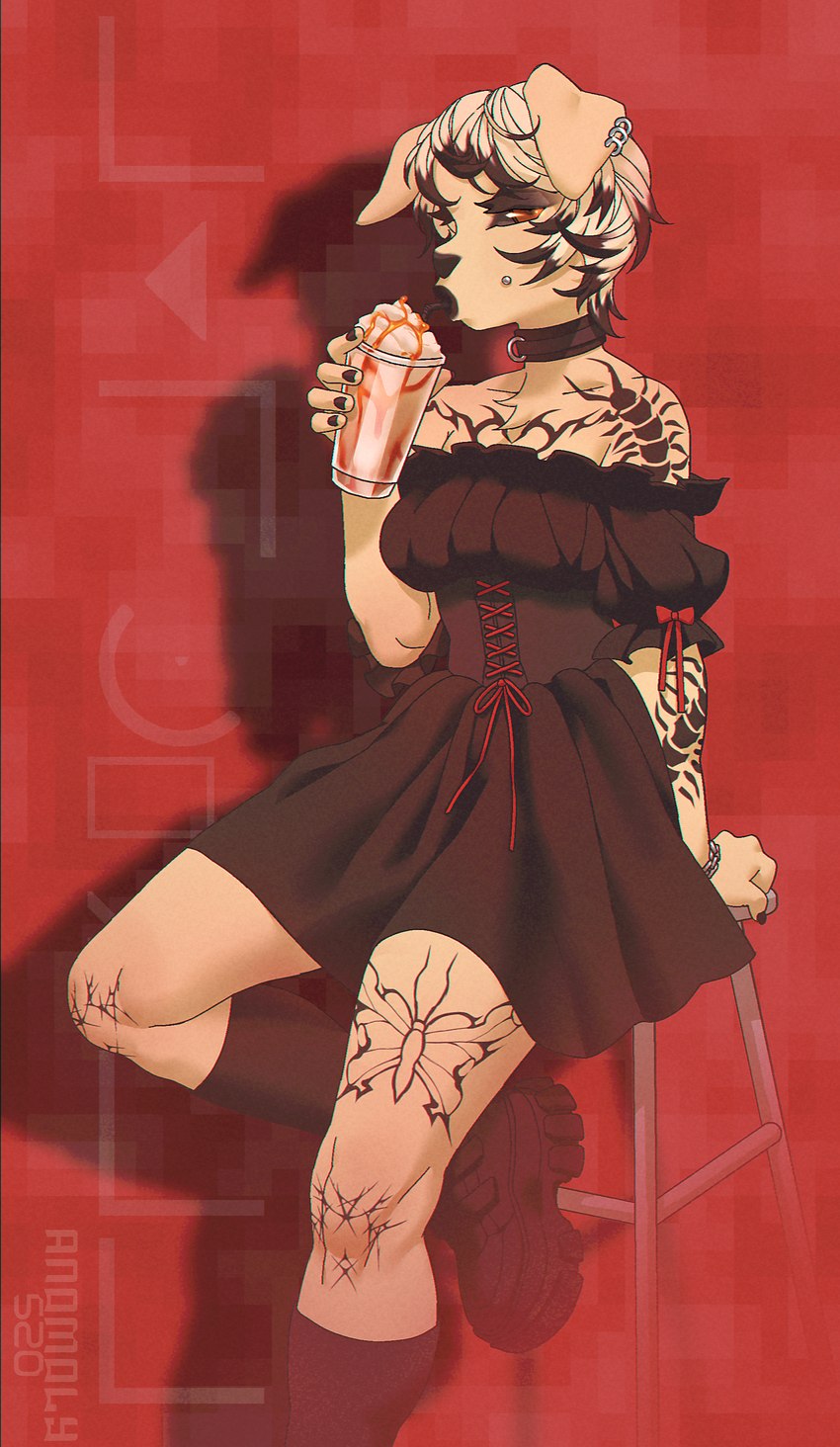 alternative_fashion anthro arm_tattoo beverage biped black_clothing black_dress black_lips black_nails black_nose blonde_hair bow_(feature) bow_accessory bow_dress bracelet brown_eyes candy caramel_(food) chair cheek_piercing choker clothed clothing clothing_bow clothing_cord coffee collar colored_nails corset dairy_products dessert dress ear_piercing ear_ring eyeshadow female floppy_ears food footwear frilly fur furniture goth hair holding_beverage holding_object jewelry knee_highs lacing leg_tattoo legwear lingerie lips long_legs makeup nails necklace piercing ring_piercing shoes simple_background slim sneakers solo tattoo tied_string topwear whipped_cream yellow_body yellow_fur anomoly520 bird_dog canid canine canis domestic_dog hunting_dog labrador mammal retriever absurd_res digital_media_(artwork) hi_res shaded