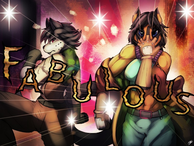 anthro belt black_body black_fur black_hair blue_eyes bottomwear brown_body brown_fur clothed clothing duo female fur gloves grey_body grey_fur hair handwear jojo_pose light looking_at_viewer male male/female pants pose red_eyes shirt text topwear white_body white_fur sarki jojo's_bizarre_adventure sarki_(character) xeila canid canine felid leopard mammal pantherine snow_leopard 2017 4:3 english_text hi_res meme