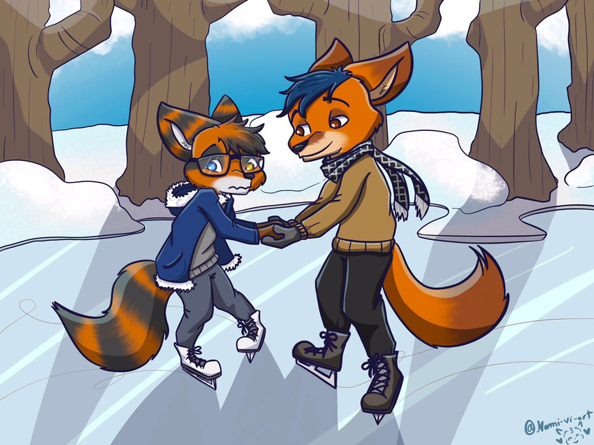 anthro blue_eyes blue_hair brown_eyes duo fur hair heterochromia ice ice_skating male orange_body orange_fur scarf stripes yellow_eyes nami_vianna bad_guy_cafe artemis_(smneff) fan_character canid canine fox hybrid mammal procyonid raccoon hi_res