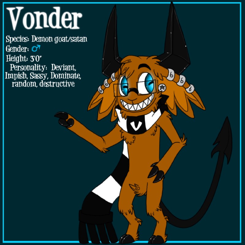 666 anthro blue_eyes cloven_hooves ear_piercing eyewear fingers glasses hoof_hands hooved_fingers hooves horn male piercing scarf smile solo standing tail unguligrade vonderdevil vonder bovid caprine caprine_demon demon goat_demon mammal 1:1 character_name model_sheet