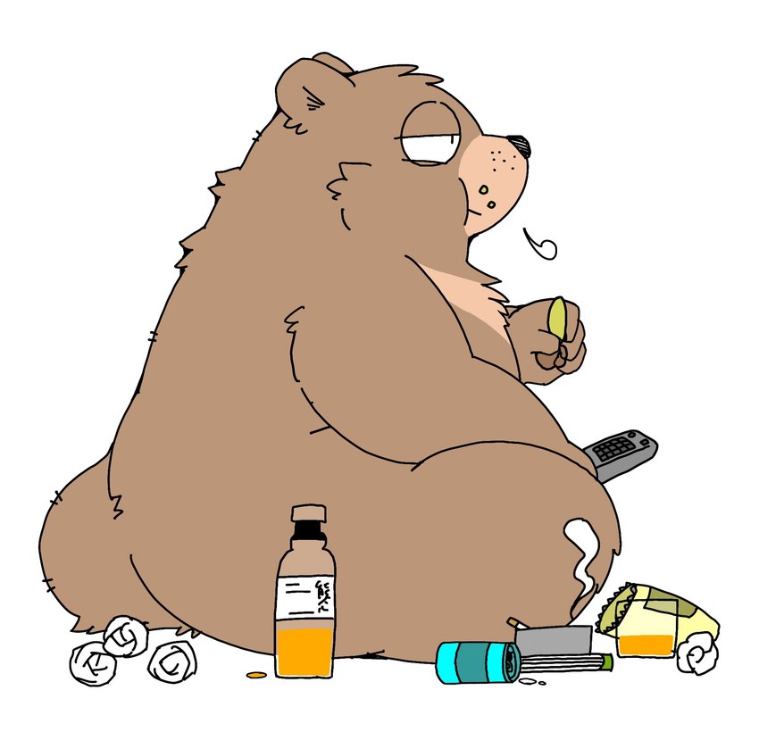 anthro biped black_nose brown_body chips_(food) eating food kemono overweight sitting smoking solo gayousi7 bear mammal 2024 hi_res