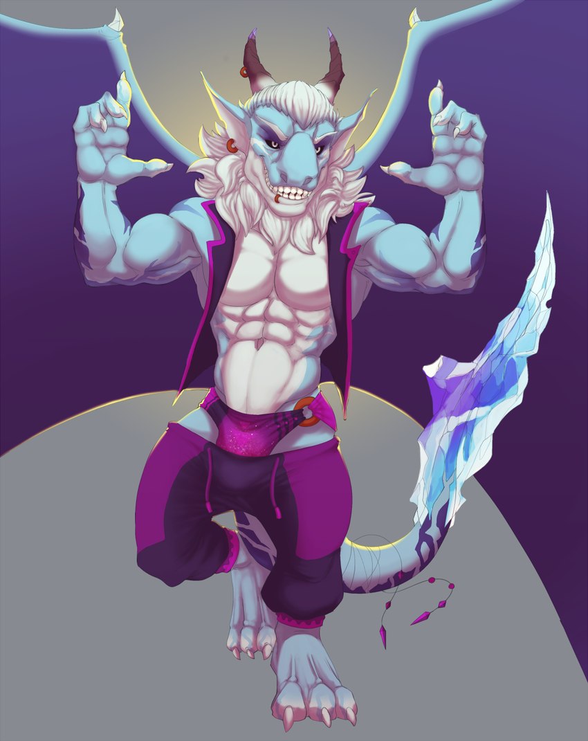 2_horns 3_toes 4_fingers abs anthro arm_markings barefoot belly big_biceps big_deltoids big_muscles big_pecs black_sclera blue_body blue_ears blue_face blue_feet blue_fingers blue_hands blue_legs blue_markings blue_scales blue_tail blue_toes bottomwear bottomwear_down brown_horn bulge claws clothed clothed_anthro clothed_male clothing clothing_ring deltoids dipstick_horn ear_piercing ear_ring eyebrows facial_markings facial_piercing feet fingers front_view gold_(metal) gold_jewelry gold_ring hair head_horn head_markings horn horn_jewelry horn_ring humanoid_hands jacket jewelry light lip_piercing lip_ring male male_anthro markings multicolored_horn muscular muscular_anthro muscular_arms muscular_male navel o-ring_speedo obliques open_clothing open_jacket open_mouth open_smile open_topwear pants pants_down partially_clothed pecs piercing plantigrade purple_bottomwear purple_clothing purple_horn purple_pants purple_speedo purple_swimwear ring_(jewelry) ring_piercing scales skimpy smile solo speedo speedo_ring standing swimwear tail tail_markings toes topwear two_tone_face two_tone_fingers two_tone_toes white_belly white_body white_chest white_claws white_eyebrows white_eyes white_face white_fingers white_hair white_horn white_inner_ear white_markings white_scales white_toes wings bristol k/da league_of_legends mythology riot_games tencent dragon mythological_creature mythological_scalie scalie 2019 colored digital_drawing_(artwork) digital_media_(artwork) full-length_portrait hi_res portrait shaded