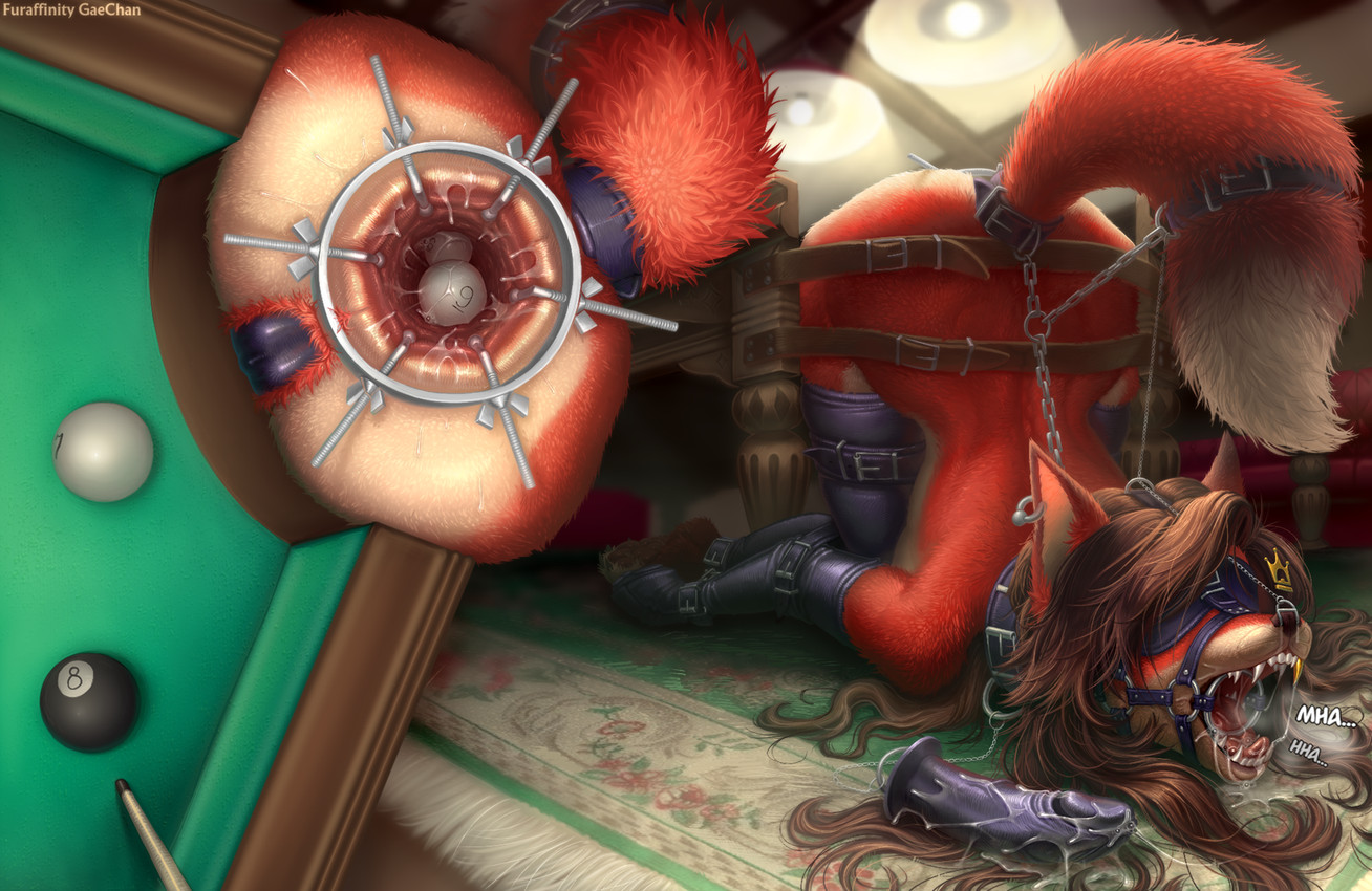anthro anthro_penetrated anus arms_tied ball bdsm bending_of_the_rectum billiard_ball billiard_ball_in_ass billiard_cue billiard_table biped blindfold bondage bound brown_hair butt collar detailed_background digitigrade dildo ear_piercing ear_ring fangs female female_anthro female_penetrated fur furniture gag gaping gaping_anus gold_(metal) gold_tooth hair hairy_vulva inside legs_tied long_hair object_in_ass objectification penetration piercing pussy_tape raised_tail red_body red_fur ring_gag ring_piercing sex_toy solo speculum speculum_in_ass spread_anus spreading table tail tape teeth white_body white_fur gaechan jamie_(novaduskpaw) canid canine fox mammal red_fox true_fox 2026 digital_media_(artwork) hi_res