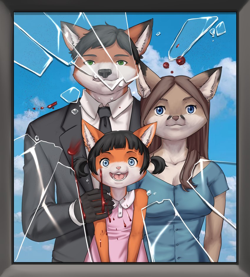 anthro blood bodily_fluids broken_glass clothed clothing family family_photo female glass group male male/female sky skyscape smile smiling_at_viewer suit young young_anthro aogami canid canine fox mammal 2021 hi_res