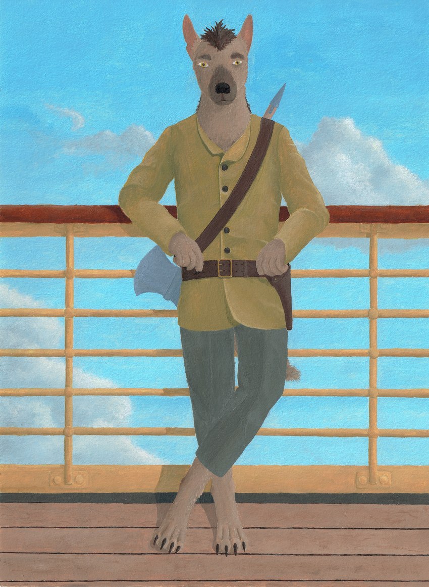 aircraft airship ambiguous_gender anthro axe barefoot belt belt_buckle bottomwear brown_body brown_hair buckle button_(fastener) claws clothed clothing cloud crossed_legs day deck_(structure) detailed_background dress_shirt feet finger_claws floor fur gold_shirt grey_bottomwear grey_clothing grey_pants hair holster leaning leaning_backward leaning_on_railing looking_at_viewer melee_weapon notched_ear outside pants railing rivets shirt sky solo standing tan_body tan_fur toe_claws toes topwear vehicle weapon wood wood_floor yellow_eyes rmmlusitania rog gnoll hyena mammal absurd_res hi_res traditional_media_(artwork)