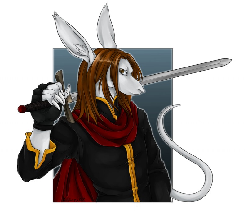 anthro biped brown_eyes brown_hair clothed clothing hair holding_melee_weapon holding_object holding_sword holding_weapon looking_at_viewer male melee_weapon solo standing sword tail weapon kittiara final_fantasy final_fantasy_ix square_enix declan_tribal burmecian mammal rodent