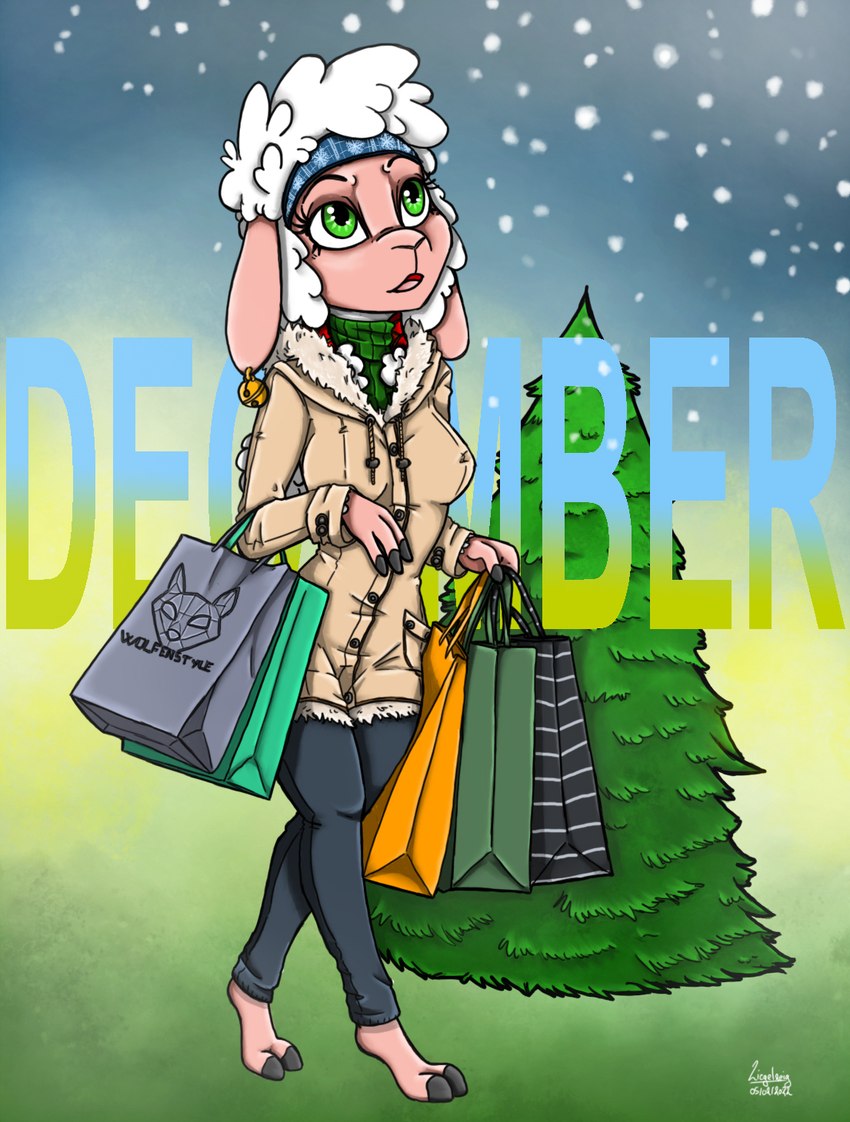 4_fingers anthro december_(month) female fingers fur green_eyes holidays pink_body pink_skin plant snow solo tree white_body white_fur ziegelzeig bad_guy_cafe christmas bo_beep bovid caprine mammal sheep hi_res