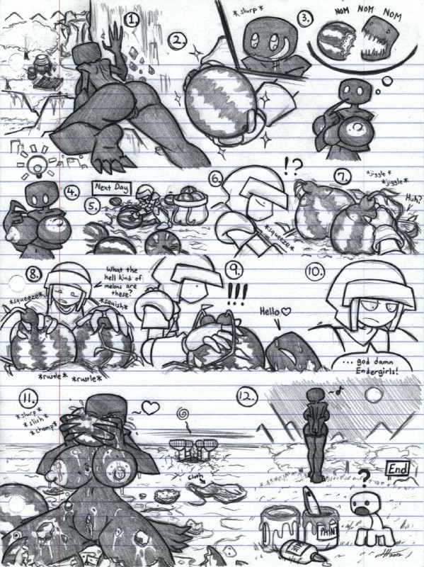 armor big_breasts breasts crossgender ellipsis exclamation_point female food fruit genitals greeting group heart_symbol kneeling male melon not_furry plant pussy text watermelon mutantnight microsoft minecraft mojang xbox_game_studios baby_creeper endie iron_boy creeper_(minecraft) enderman human mammal comic english_text hi_res monochrome sketch traditional_media_(artwork)