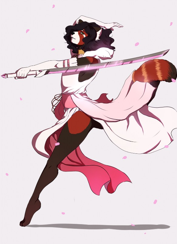 anthro arabesque_(ballet) ballet cherry_blossom clothed clothing dancing femboy fighting_pose flower glowing hood jumping katana male melee_weapon odachi plant pose prunus_(flower) robe simple_background skimpy solo sword weapon white_background dzou eocene_lacreno ailurid mammal red_panda absurd_res hi_res