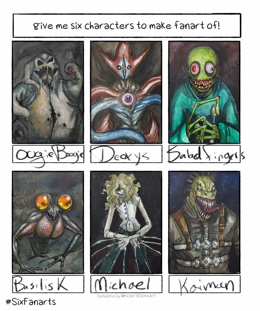 ambiguous_gender anthro clothed clothing feral group harness male nightmare_fuel sharp_teeth shirt smile teeth tentacles text topwear felisfever dark_souls dorohedoro fromsoftware nintendo pokemon salad_fingers_(series) six_fanarts_challenge the_magnus_archives the_nightmare_before_christmas kaiman_(dorohedoro) michael_shelley oogie_boogie salad_fingers the_distortion attack_forme_deoxys basilisk_(dark_souls) deoxys entity_(tma) generation_3_pokemon humanoid legendary_pokemon lizard monster pokemon_(species) reptile scalie spiral_(tma) english_text hi_res meme