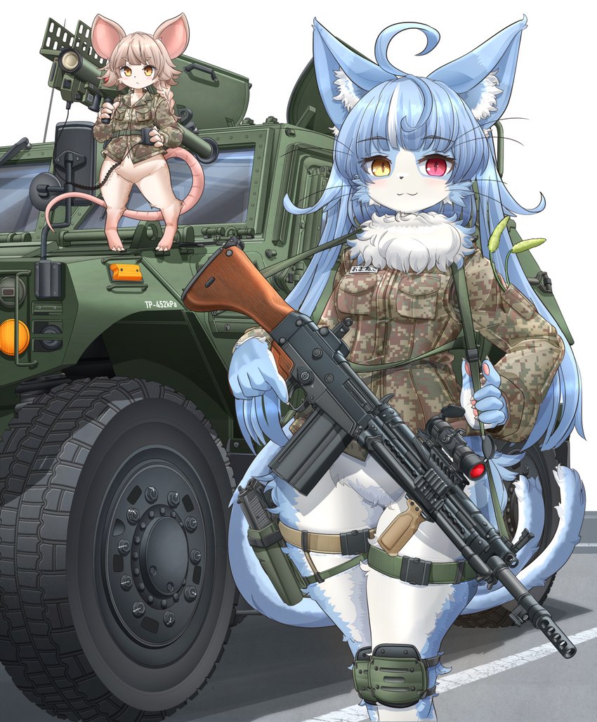 5_fingers :3 ahoge anthro armored_vehicle blue_body blue_fur blue_hair blush bottomless bottomless_anthro bottomless_female braided_hair braided_ponytail breasts camo camo_clothing camo_print car claws clothed clothing crossgender duo featureless_crotch female female_anthro finger_claws fingers fluffy forked_tail front_view fur gun hair heterochromia inner_ear_fluff jacket kemono larger_anthro larger_female long_hair looking_at_viewer military military_uniform mtf_crossgender navel neck_tuft pattern_clothing pawpads ponytail ranged_weapon red_eyes rifle rocket_launcher size_difference smaller_anthro smaller_female smile smiling_at_viewer standing tail tan_body tan_fur tan_hair text topwear trigger_discipline tuft type_64_battle_rifle uniform unusual_anatomy unusual_tail vehicle weapon whiskers white_body white_fur yellow_eyes mikelan125r humvee japan_air_self-defense_force hamu_chunchun omaneko_(jasdf) domestic_cat felid feline felis mammal mouse murid murine rodent 2023 absurd_res digital_media_(artwork) hi_res japanese_text translation_request male_(lore)