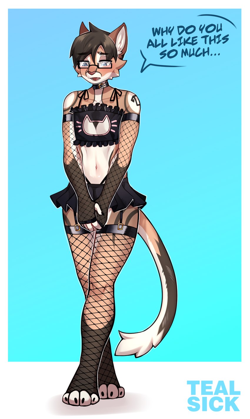 anthro bottomwear brown_body brown_fur clothing collar embarrassed eyewear femboy fishnet_clothing fishnet_legwear fur garter_straps glasses legwear lingerie male skirt solo speech_bubble tealsick kotek cougar felid feline mammal hi_res