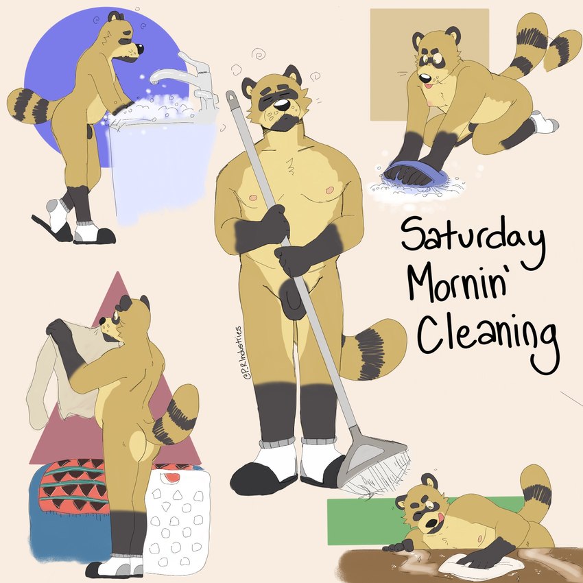 anthro black_ears black_hands black_nose broom brown_body brown_eyes brown_fur casual_nudity cleaning_rag cleaning_supplies cleaning_tool clothing eyebrows eyes_always_closed eyes_closed footwear footwear_only frown fur furniture genitals kneeling laundry male mop mostly_nude nipples nude penis shoes simple_background sink slippers slippers_only socks socks_only standing table thick_eyebrows tongue tongue_out whisker_spots p_rindustries p_rindustries_(p_rindustries) canid canine mammal raccoon_dog tanuki hi_res