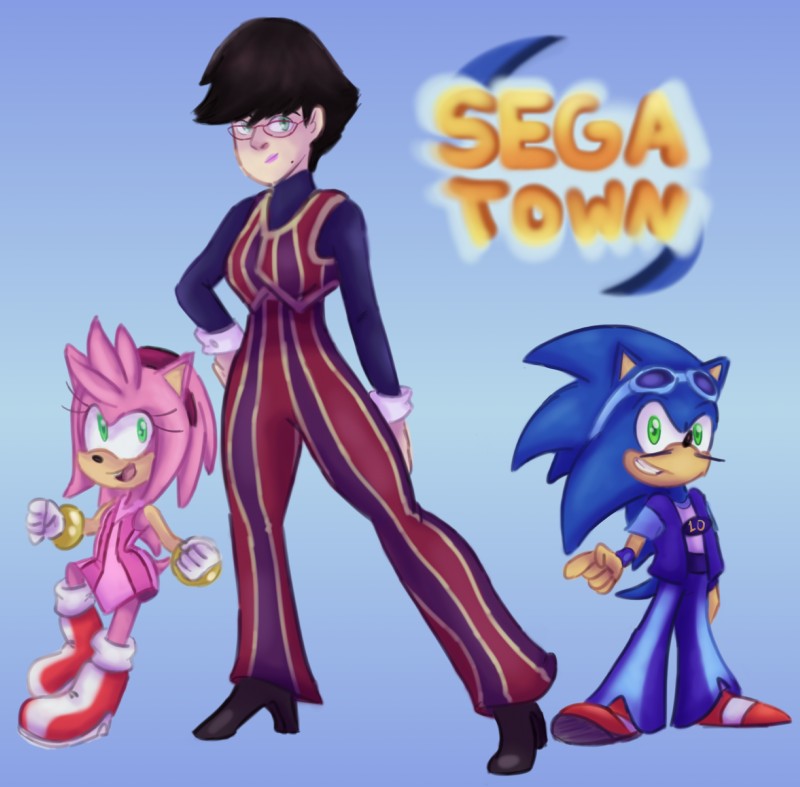 anthro cosplay female group male simple_background smile thick_thighs thin_calves thin_legs thin_thighs wide_hips itoruna bayonetta lazytown platinumgames sega sonic_the_hedgehog_(series) we_are_number_one amy_rose bayonetta_(character) robbie_rotten sonic_the_hedgehog sportacus stephanie_(lazytown) eulipotyphlan hedgehog human mammal 2016 absurd_res hi_res