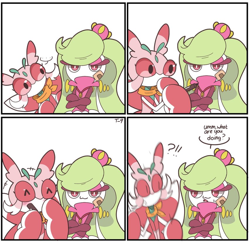 4_panel_comic :3 anthro bandage bandage_on_face body_writing crossed_arms dialogue drawing_on_face duo ellipsis eyelashes female green_hair hair humor interrobang laugh marker mouthless plant red_eyes red_sclera shocked simple_background text white_background white_body white_skin todok9 nintendo pokemon arthropod elemental_creature elemental_humanoid flora_fauna generation_7_pokemon humanoid insect lurantis mantis plant_humanoid pokemon_(species) tsareena comic english_text hi_res