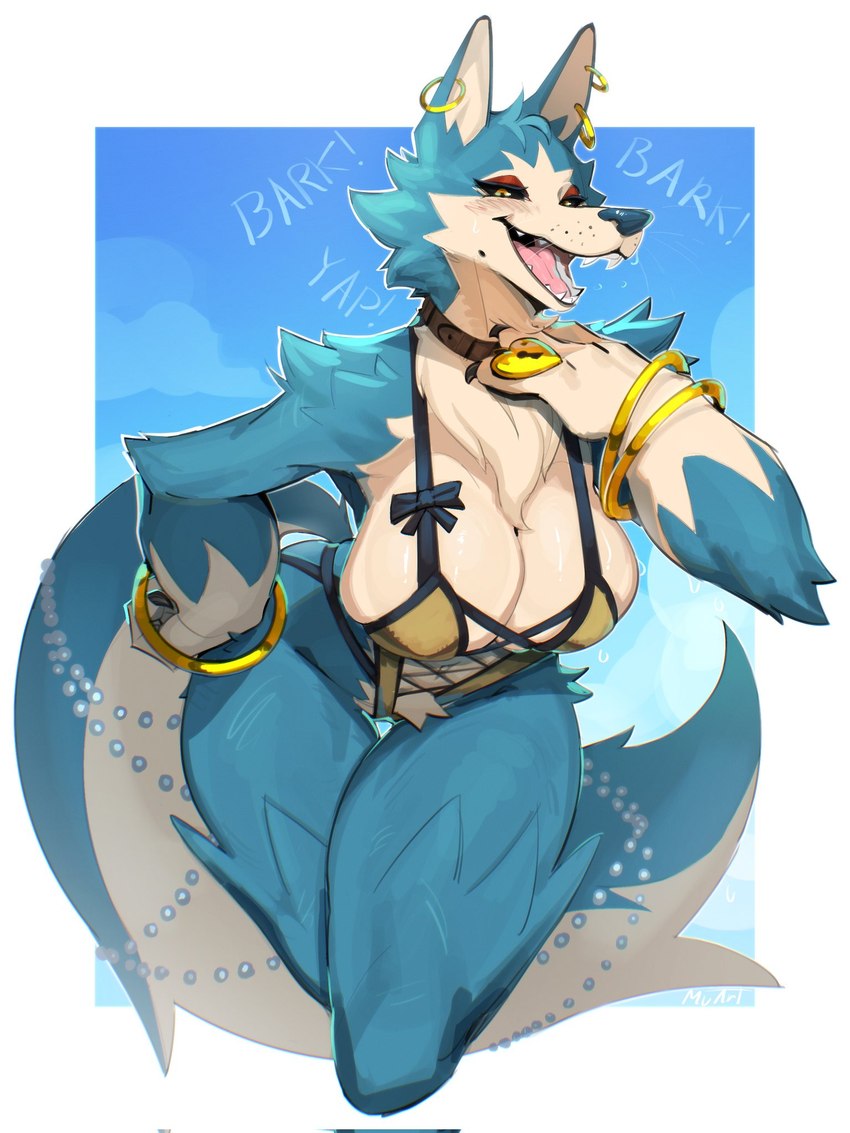 anthro blue_body blue_fur blush claws clothing ear_piercing ear_ring female finger_claws fluffy fluffy_tail fur jewelry looking_at_viewer open_mouth piercing ring_piercing solo swimwear tail yellow_eyes muart242 kloey_(pajamamcham) canid canine canis mammal wolf 3:4 hi_res