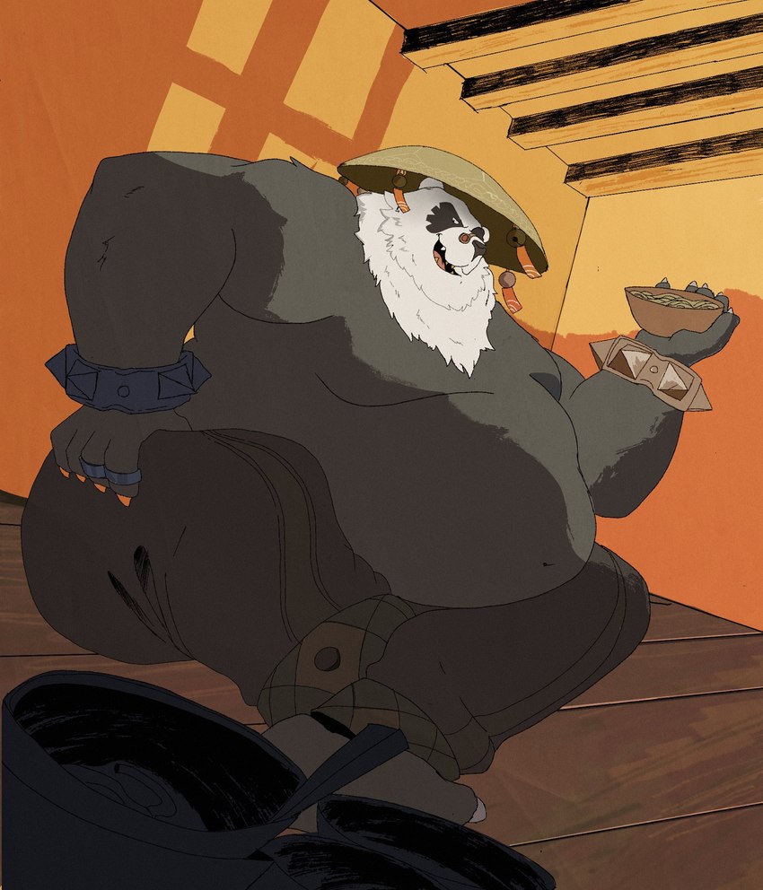 anthro asian_conical_hat barefoot belly big_belly bowl bracelet clothing container eyewear feet fur glasses hat headgear headwear jewelry looking_at_viewer male multicolored_body multicolored_fur overweight shirt sitting smug solo spiked_bracelet spikes t-shirt topwear paninipixe mihoyo zenless_zone_zero pan_yin_hu bear giant_panda mammal hi_res