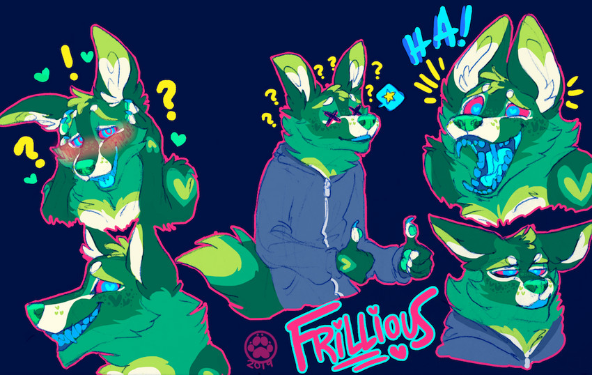 ambiguous_gender anthro blue_teeth blue_tongue fur green_body green_fur green_nose pink_sclera solo sparklefur teeth tongue frillious canid canine demon mammal mixed_media