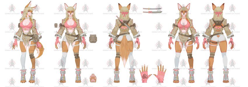 anthro belt belt_pouch big_breasts blonde_hair bottomwear breasts buxom cleavage clothed clothed_anthro clothed_female clothing digitigrade digitigrade_heels female fingerless_gloves footprint front_view gloves hair handwear knee_pads logo long_ears long_hair long_socks looking_at_viewer melee_weapon military_clothing military_jacket pawpads pawprint pink_clothing pink_gloves pink_handwear pink_shirt pink_topwear pose rear_view sheathed_sword shirt shorts smile smiling_at_viewer solo standing sword sword_on_back sword_sheath tail topwear weapon combatcatstudio unknown_artist combat_cat_studio wild_assault akai_hime_(wild_assault) canid canine fox mammal absurd_res concept_art distracting_watermark hi_res official_art watermark