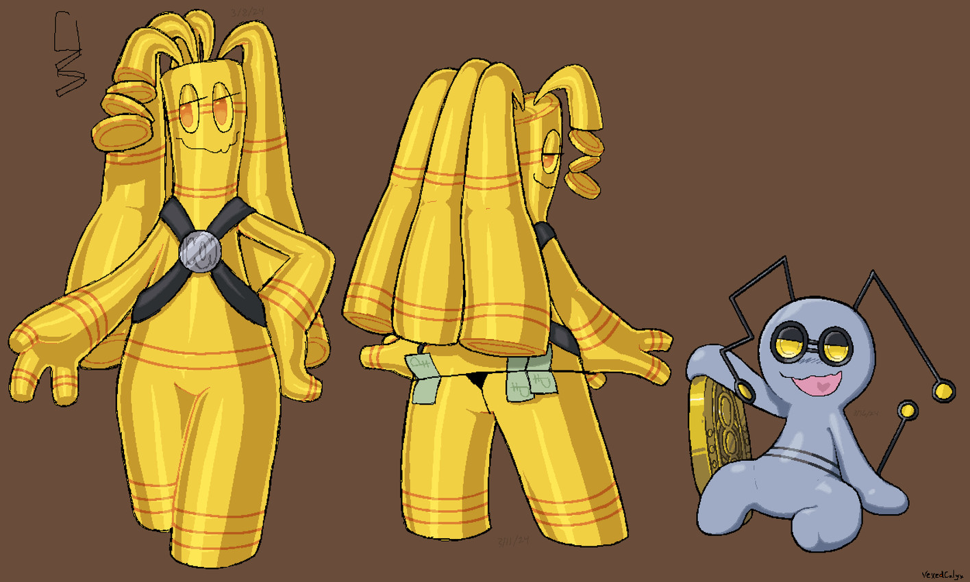 3_fingers ambiguous_gender antennae_(anatomy) black_antennae clothing coin fingers g-string glistening gold_(metal) gold_coin golden_body grey_body hair long_hair looking_at_viewer looking_back metallic_body money money_in_thong not_furry nude open_mouth simple_background smile solo spread_legs spreading thong underwear yellow_antennae yellow_body yellow_eyes yellow_sclera vexedcalyx nintendo pokemon prosper_(vexedcalyx) animate_inanimate generation_9_pokemon gholdengo gimmighoul gimmighoul_(roaming_form) humanoid pokemon_(species) colored digital_drawing_(artwork) digital_media_(artwork) hi_res