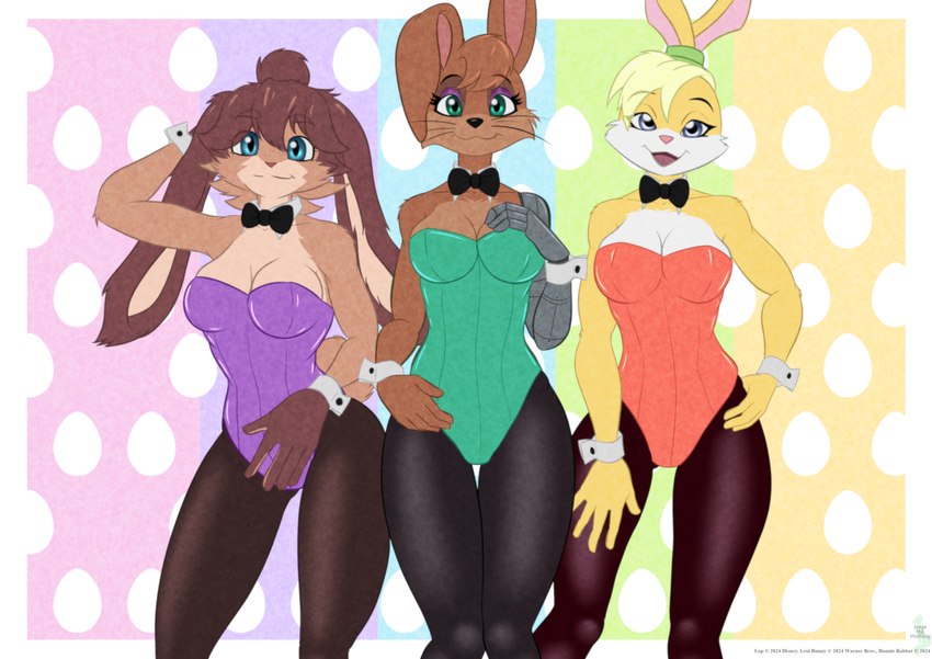 anthro blue_eyes bow_tie breasts brown_body brown_fur brown_hair clothed clothing cybernetics female fur green_eyes group hair leotard looking_at_viewer machine medium_breasts open_mouth playboy_bunny playboy_outfit simple_background smile text jorge-the-wolfdog archie_comics loonatics_unleashed looney_tunes sega sonic_the_hedgehog_(archie) sonic_the_hedgehog_(comics) sonic_the_hedgehog_(series) star_wars star_wars_visions warner_brothers bunnie_rabbot lexi_bunny lop_(star_wars_visions) cyborg lagomorph lepi leporid mammal rabbit absurd_res digital_media_(artwork) english_text hi_res