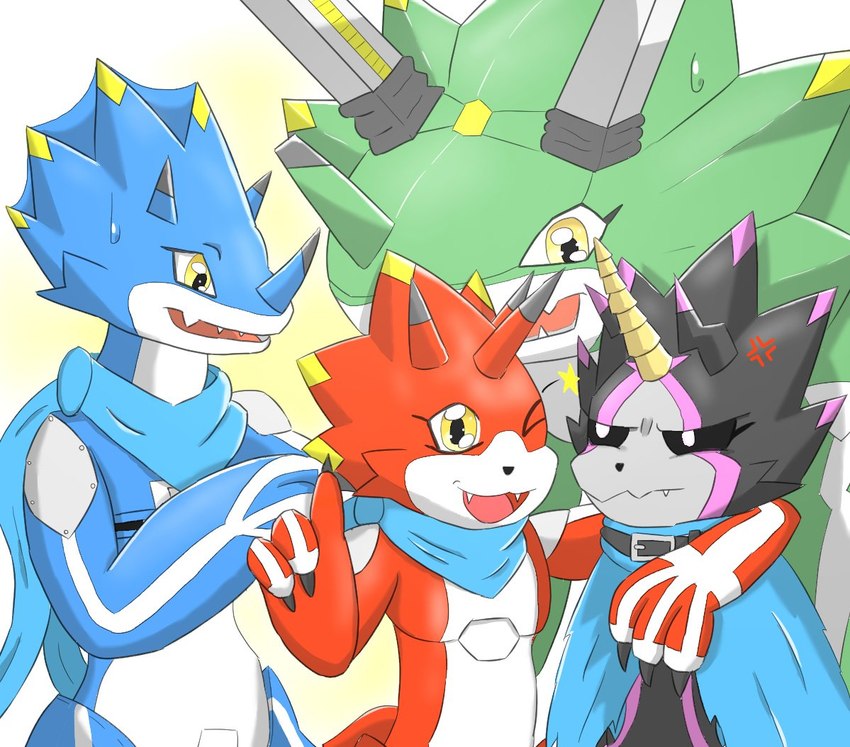 annoyed anthro arm_around_shoulders belt black_body black_sclera blue_body cape clothing cross-popping_vein evolutionary_family feral green_body group horn male one_eye_closed scarf wink gammodokimon bandai_namco digimon digimon_ghost_game betelgammamon digimon_(species) gulusgammamon kausgammamon scalie wezengammamon