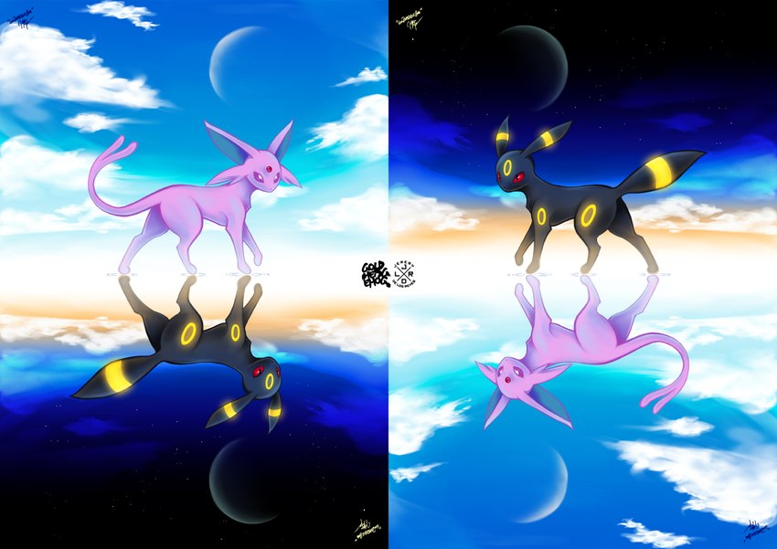 altered_reflection ambiguous_gender anniversary black_body black_fur blue_sky cloud cloudy_sky crescent_moon day duo fur glistening glowing glowing_markings long_ears long_tail markings moon night purple_body purple_eyes purple_fur red_eyes reflection sky star starry_sky tail text water water_reflection white_clouds yellow_markings goldhedgehog nintendo pokemon eeveelution espeon generation_2_pokemon pokemon_(species) umbreon 2016 artist_name digital_drawing_(artwork) digital_media_(artwork) hi_res shaded signature