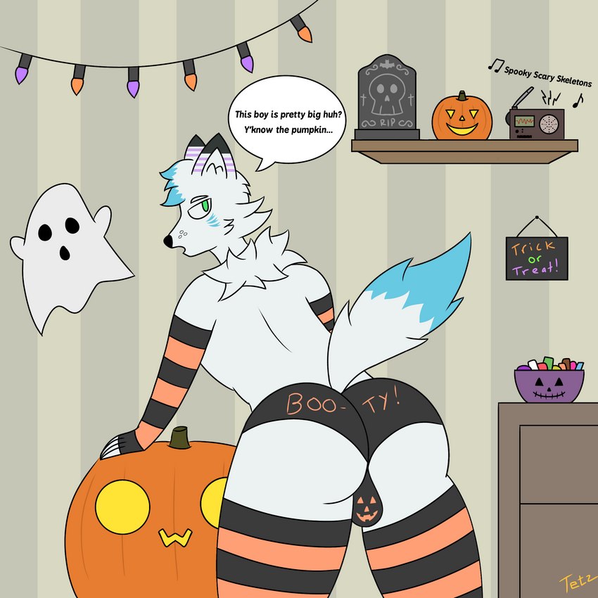 anthro big_butt butt candy clothing costume decoration dessert festive fluffy fluffy_tail food fur green_eyes holidays legwear male multicolored_body multicolored_fur neck_tuft owo presenting presenting_hindquarters solo stockings tail text thick_thighs tuft underwear white_body white_fur wide_hips tetz_(artist) halloween spooky_scary_skeletons retrifox arctic_fox canid canine fox mammal true_fox 1:1 absurd_res english_text hi_res