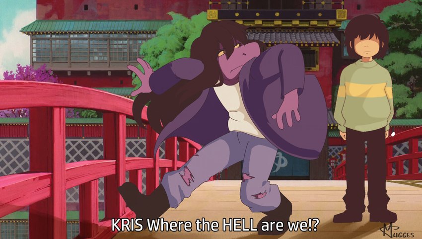 anthro bottomwear clothed clothing duo female hair humor long_hair male obscured_eyes pants purple_body screencap screencap_background style_emulation text torn_bottomwear torn_clothing torn_pants mugges deltarune ghibli kris_where_are_we spirited_away undertale_(series) kris_(deltarune) susie_(deltarune) dinosaur human mammal prehistoric_species reptile scalie 2021 english_text hi_res meme signature