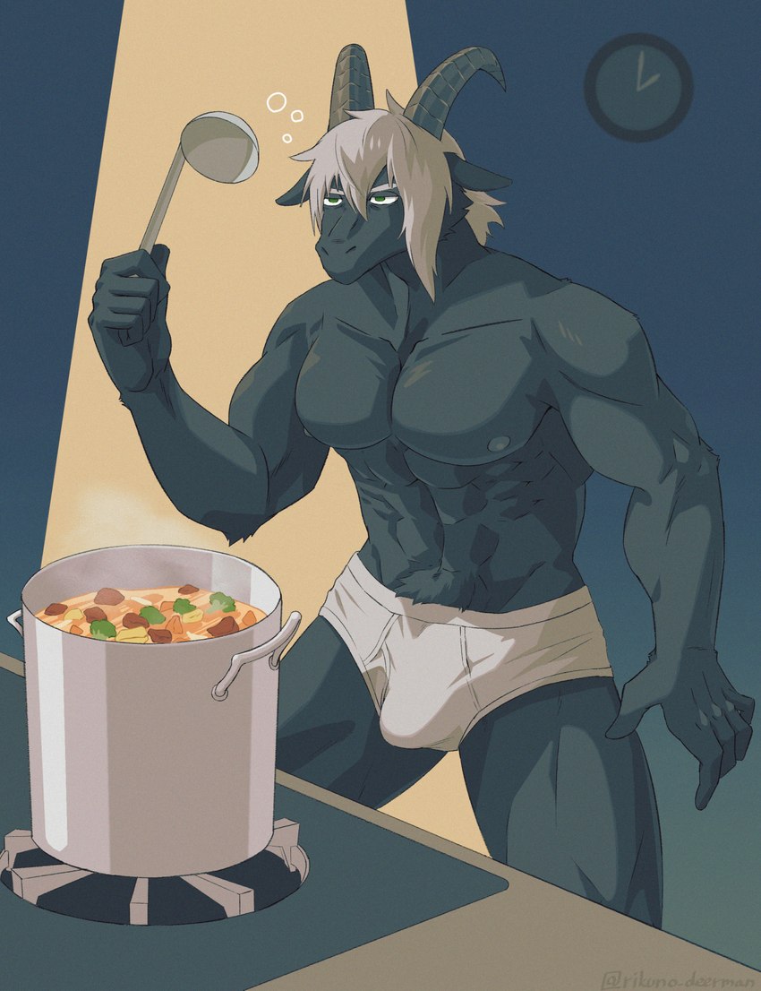 5_fingers anthro black_body black_fur briefs bulge clock clothed clothing cooking fingers food fur green_eyes grey_body hair horn kitchen_utensils ladle male muscular muscular_anthro muscular_male pan plant solo tighty_whities tools underwear underwear_only vegetable white_briefs white_clothing white_hair white_underwear pixiv_id_20840955 lifewonders tokyo_afterschool_summoners tanngrisnir_(tas) bovid caprine goat mammal hi_res