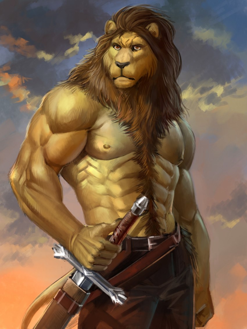 5_fingers abs anthro barbarian belt body_hair bottomwear brown_mane brown_nose clothed clothing fingers fur happy_trail humanoid_hands male mane melee_weapon muscular muscular_anthro muscular_male nipples pants pecs scabbard solo sword tan_body tan_fur topless topless_anthro topless_male weapon nightarm felid lion mammal pantherine 2024 hi_res