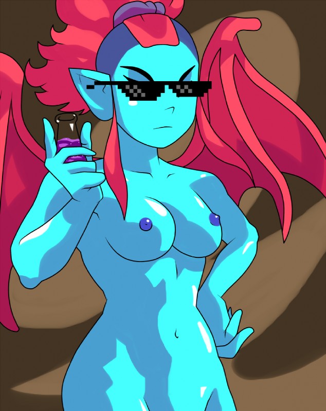 blue_body blue_skin breasts eyewear female navel nipples not_furry potion solo sunglasses wings warioeag brace_yourself_games crypt_of_the_necrodancer nocturna_(crypt_of_the_necrodancer) humanoid vampire hi_res