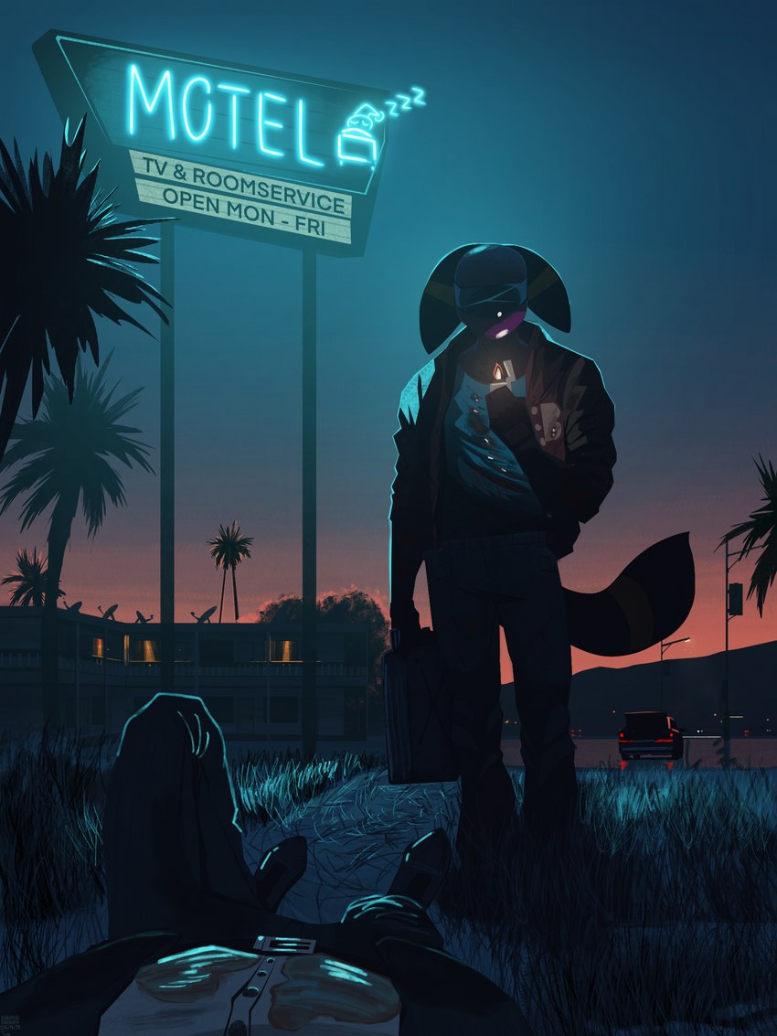 anthro armor belt black_body black_fur briefcase building car city clothing detailed_background duo fire fur grass headgear helmet holding_briefcase holding_lighter holding_object holding_suitcase jacket letterman_jacket lighter lying lying_on_ground male motel neon_sign night on_ground outside palm_tree plant shirt sign sky standing street street_lamp suit suitcase sunset topwear tree vehicle apron555 nintendo pokemon canid canine eeveelution generation_2_pokemon mammal pokemon_(species) umbreon 2019 3:4 digital_media_(artwork) hi_res