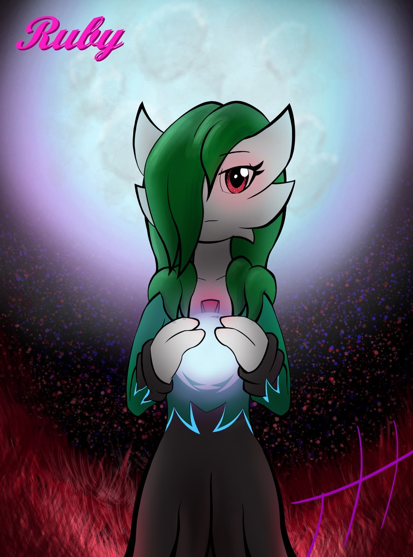 3_fingers ball clothing female fingers glowing green_hair hair hair_over_eye holding_ball holding_object moon_ball one_eye_obstructed pokeball psychic_powers red_eyes shadow_ball silhouette simple_background solo text ghostth39 nintendo pokemon ruby_(ghostth39) gardevoir generation_3_pokemon pokemon_(species) 2022 absurd_res english_text hi_res signature