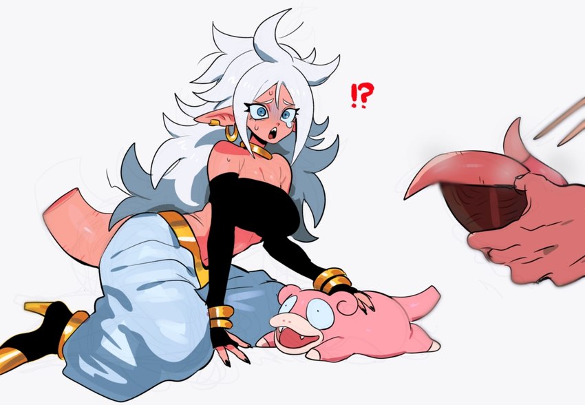 andoid_21 breasts clothing ear_piercing ear_ring female footwear group hair humanoid_pointy_ears jewelry long_hair piercing pink_body pink_skin pointy_ears ring_piercing simple_background surprised_expression tail white_hair corelessmoter dragon_ball dragon_ball_fighterz nintendo pokemon majin_android_21 alien alien_humanoid generation_1_pokemon humanoid majin pokemon_(species) slowpoke crossover