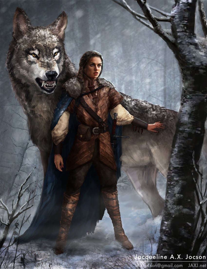 angry black_nose clothing female feral fur hair human_focus male not_furry_focus plant teeth text tree yellow_eyes monsterling_(artist) game_of_thrones arya_stark nymeria canid canine canis dire_wolf human mammal prehistoric_species wolf hi_res url