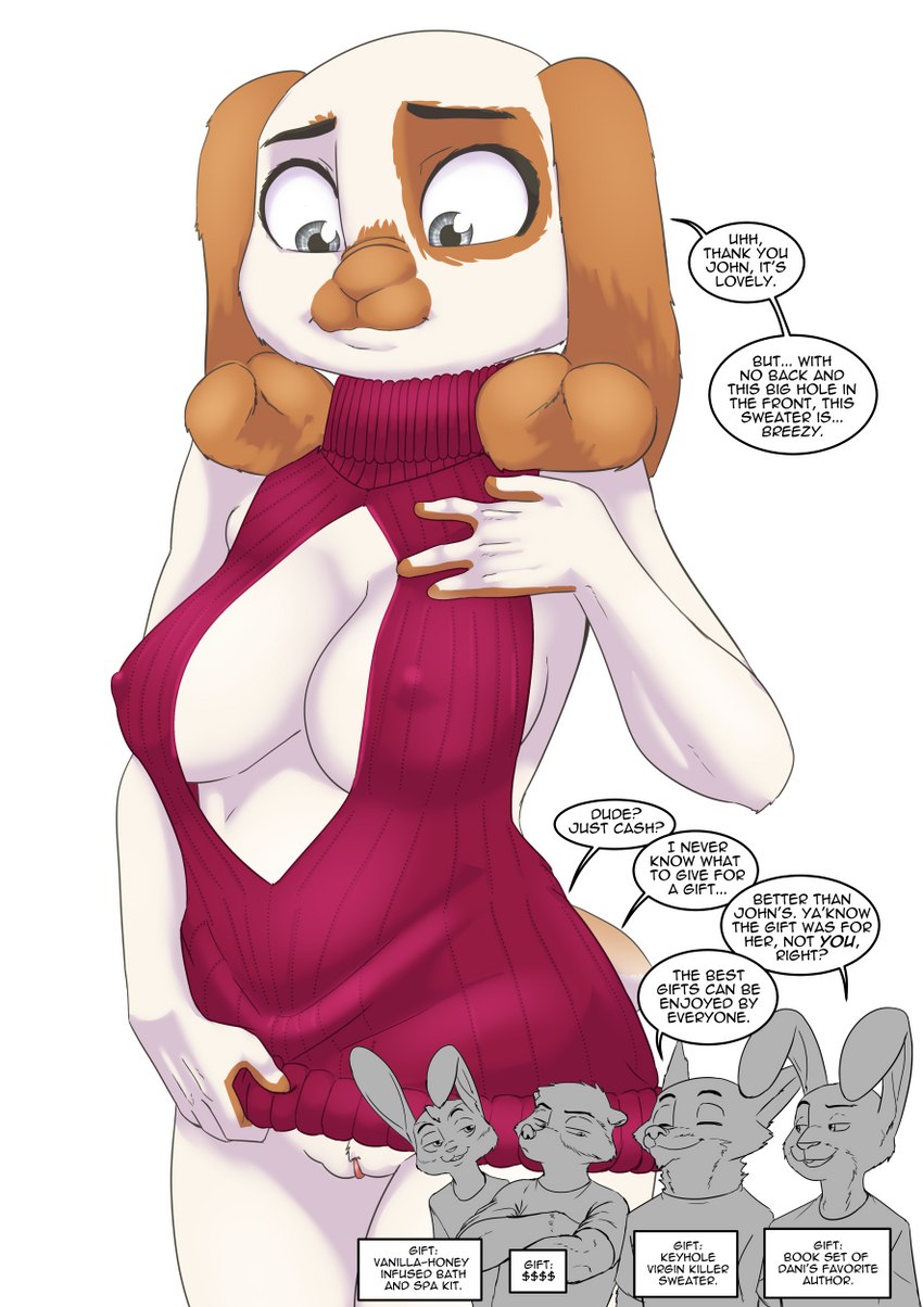 4_fingers anthro breasts brown_body brown_fur cleavage clothed clothing dialogue female fingers fur genitals humanoid_hands keyhole_clothing multicolored_body multicolored_fur nipple_outline pussy solo speech_bubble sweater teeth text topwear two_tone_body two_tone_fur virgin_killer_sweater white_body white_fur akiric meme_clothing brian_woods_(akiric) danielle_o'hare_(akiric) john_burroughs_(akiric) ken_warren_(akiric) victor_long_(akiric) canid canine fox hare lagomorph leporid mammal procyonid rabbit raccoon 2023 english_text hi_res meme