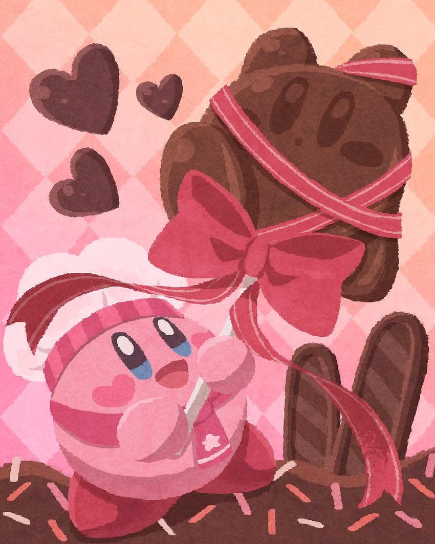 :d :o ambiguous_gender big_head black_eyes blue_eyes blush bound brigadier cake candy chef chef_hat chocolate claws clothing dessert earless feet food happy hat headgear headwear heart_symbol holidays inside legs_up lollipop looking_at_object mouth_closed necktie noseless not_furry open_mouth pattern_background pink_background pink_body pink_claws pink_skin raised_hand red_feet rosy_cheeks round_body round_eyes round_head simple_background small_body smile solo star striped_background ara_love_kirby kirby_(series) kirby_cafe masterchef nintendo pixiv twitter valentine's_day cook_kirby kirby alien mammal sphere_creature waddling_head 2023 4:5 colored detailed digital_media_(artwork) hi_res signature