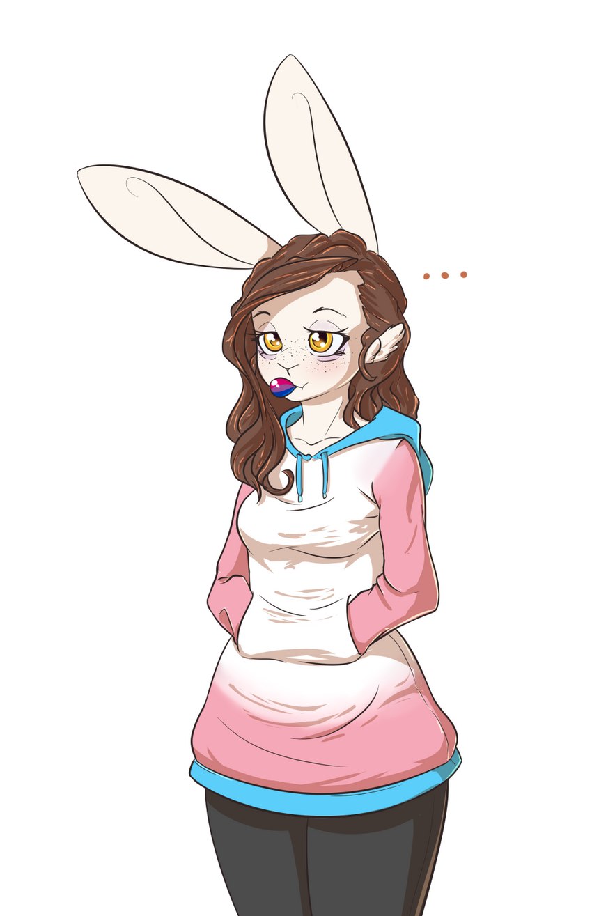 anthro bisexual_pride_colors breasts brown_hair clothed clothing ellipsis eyebrows eyelashes female hair hoodie lgbt_pride pride_colors simple_background solo standing topwear transgender_pride_colors white_background yellow_eyes alasou lgbt_pride_month lagomorph leporid mammal rabbit 2021 digital_media_(artwork) hi_res