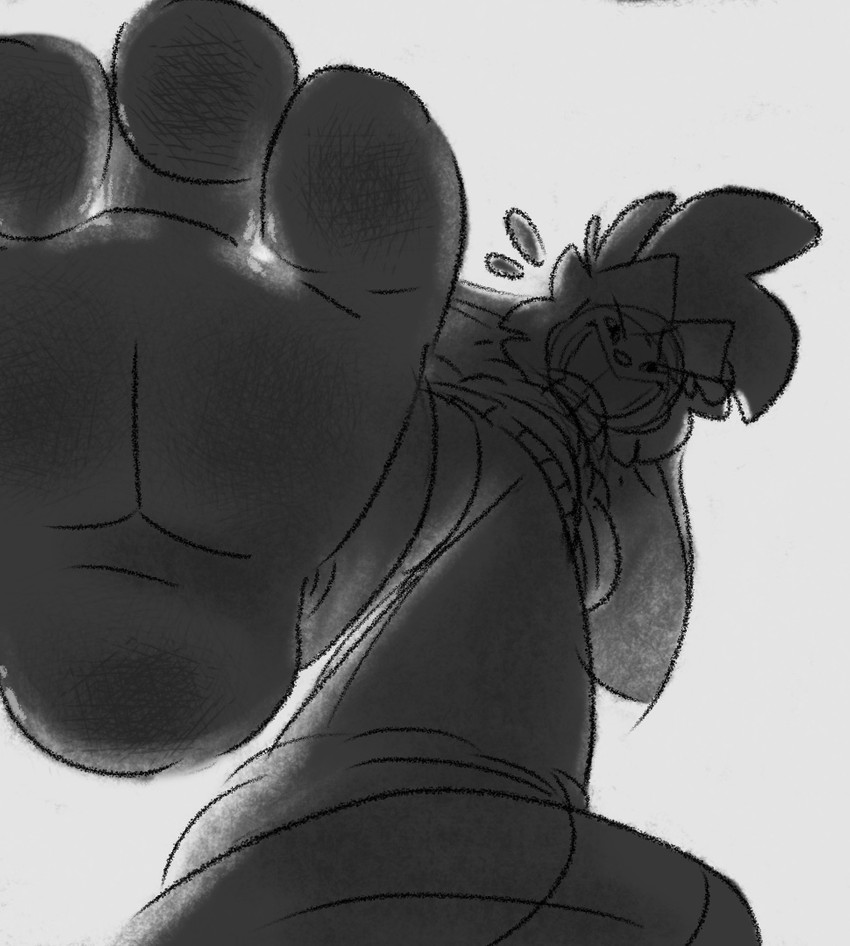 3_toes anthro barefoot big_feet biped clothing feet foot_focus fur grin hair looking_at_viewer low-angle_view macro male paws plantigrade simple_background smile soles solo stomping toes white_background pozole pozole_(character) lagomorph leporid mammal rabbit greyscale monochrome sketch