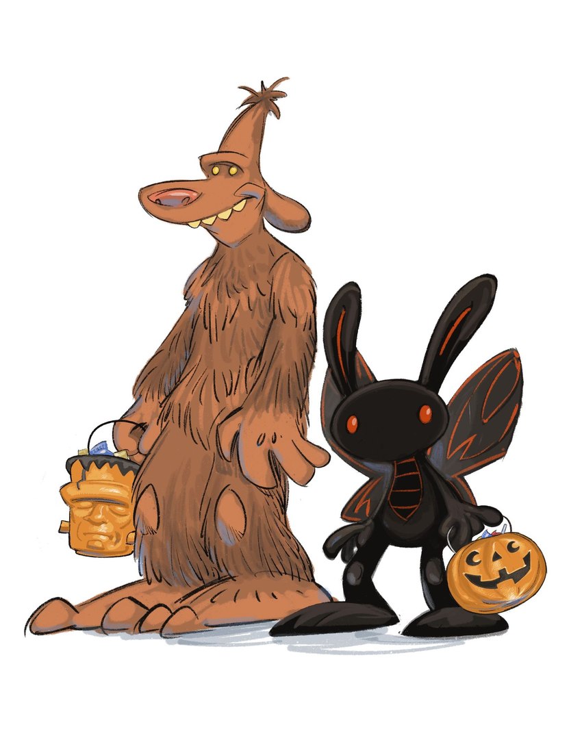 anthro black_body brown_body brown_fur bucket candy container cosplay dessert duo food fur holidays jack-o'-lantern male red_eyes smile wings yellow_eyes steve_purcell halloween sam_and_max max_(sam_and_max) mothman samuel_dog canid canine canis cryptid domestic_dog lagomorph leporid mammal rabbit sasquatch hi_res official_art