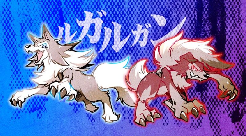 ambiguous_gender blue_background brown_body brown_fur claws duo feral fur gradient_background purple_background red_body red_fur simple_background text rikkai2038 nintendo pokemon canid canine generation_7_pokemon lycanroc mammal midday_lycanroc midnight_lycanroc pokemon_(species) 2016 japanese_text