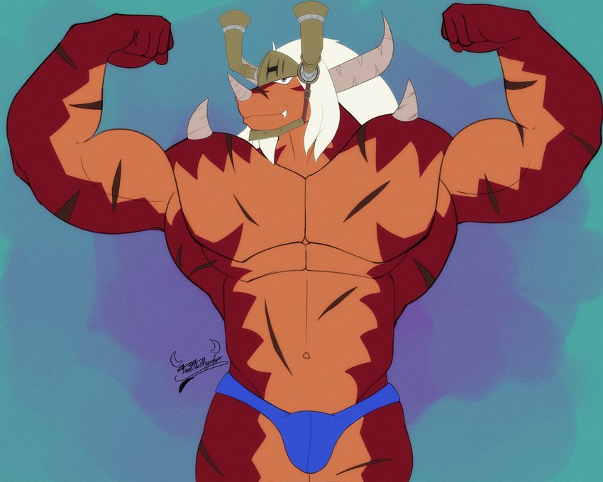 anthro biceps hair horn male muscular muscular_anthro muscular_male navel pecs scar scars_all_over solo triceps white_hair terrethemageslayer bushiroad future_card_buddyfight mythology drum's_father dragon mythological_creature mythological_scalie scalie 5:4